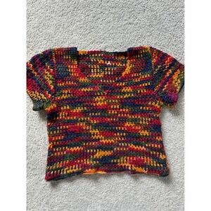 Boho Crocheted Rainbow Stripe Short Sleeve V Neck Top